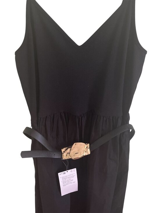 Zara Black Belted Midi Dress Large V-Neck Spaghetti Strap Organic Cotton NWT - Picture 7 of 10
